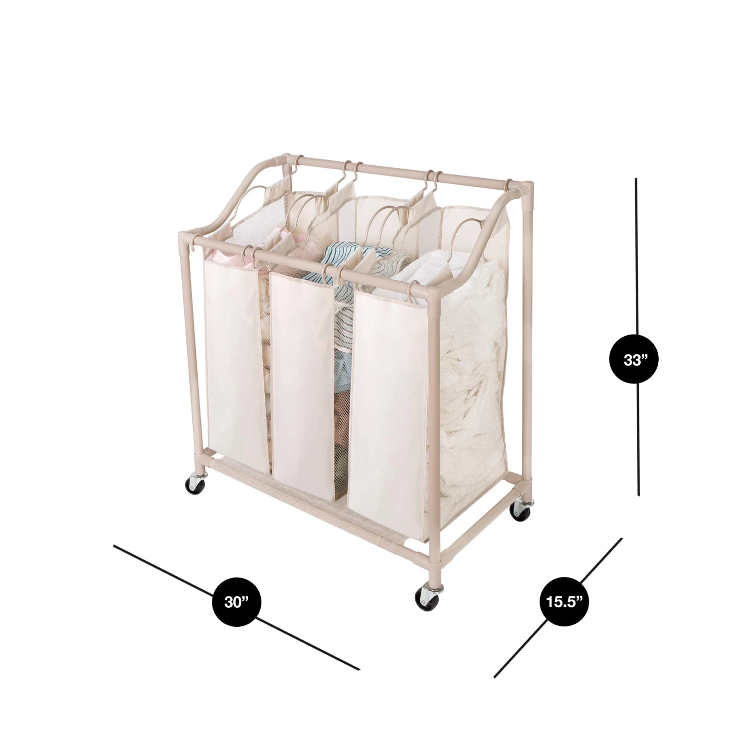 Deluxe Rolling Triple-Compartment Laundry Sorter Hamper With Wheels - 30 X 32 Inch - Beige(Copy Of Deluxe Rolling Triple Compartment Laundry Sorter Hamper With Wheels 30 X 32 Inch Beige) 3 Deluxe Rolling Triple-Compartment Laundry Sorter Hamper With Wheels - 30 X 32 Inch - Beige(Copy Of Deluxe Rolling Triple Compartment Laundry Sorter Hamper With Wheels 30 X 32 Inch Beige) - Image 3
