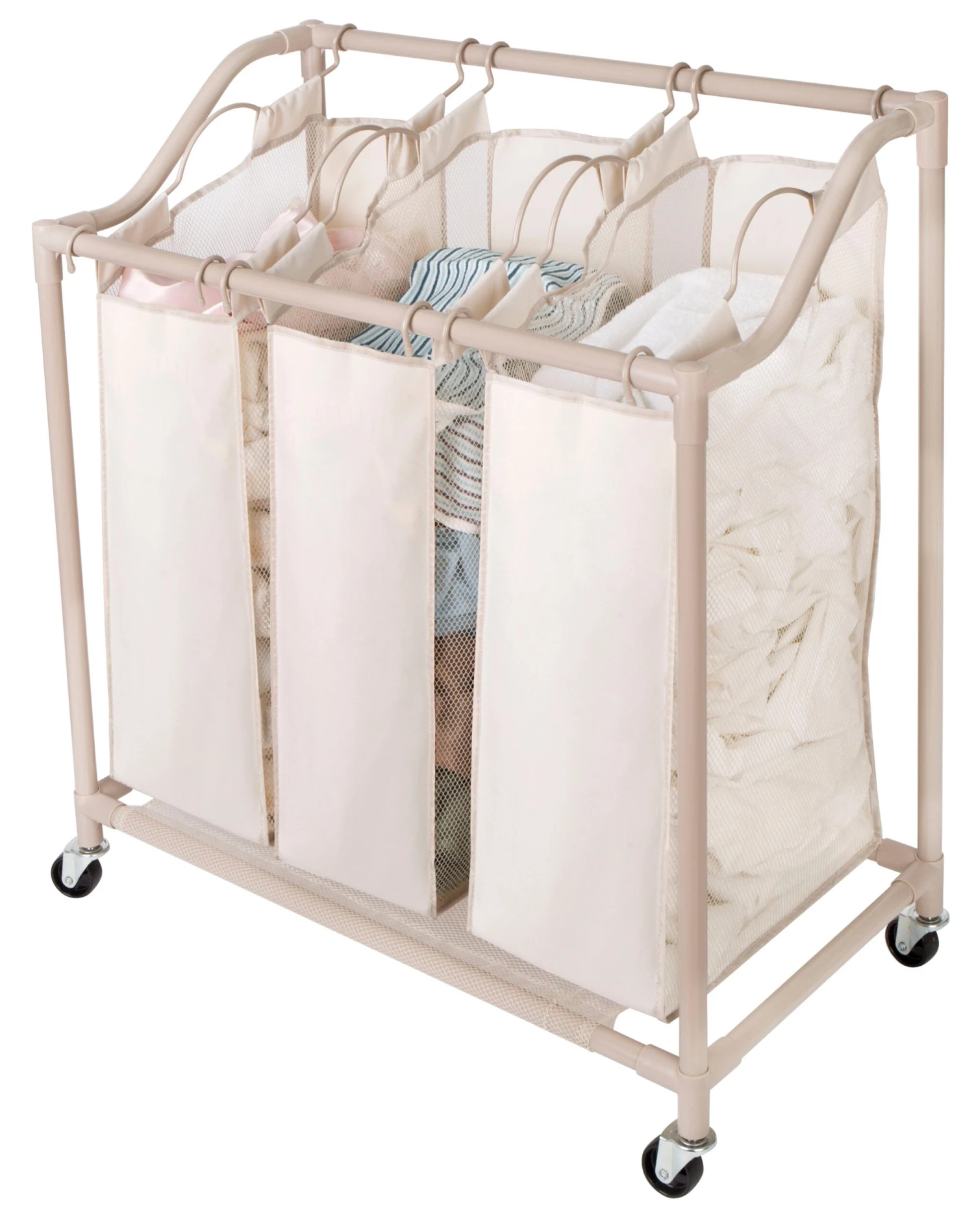 Deluxe Rolling Triple-Compartment Laundry Sorter Hamper With Wheels - 30 X 32 Inch - Beige(Rolling Triple Compartment Laundry Sorter) 1 Deluxe Rolling Triple-Compartment Laundry Sorter Hamper With Wheels - 30 X 32 Inch - Beige(Rolling Triple Compartment Laundry Sorter)