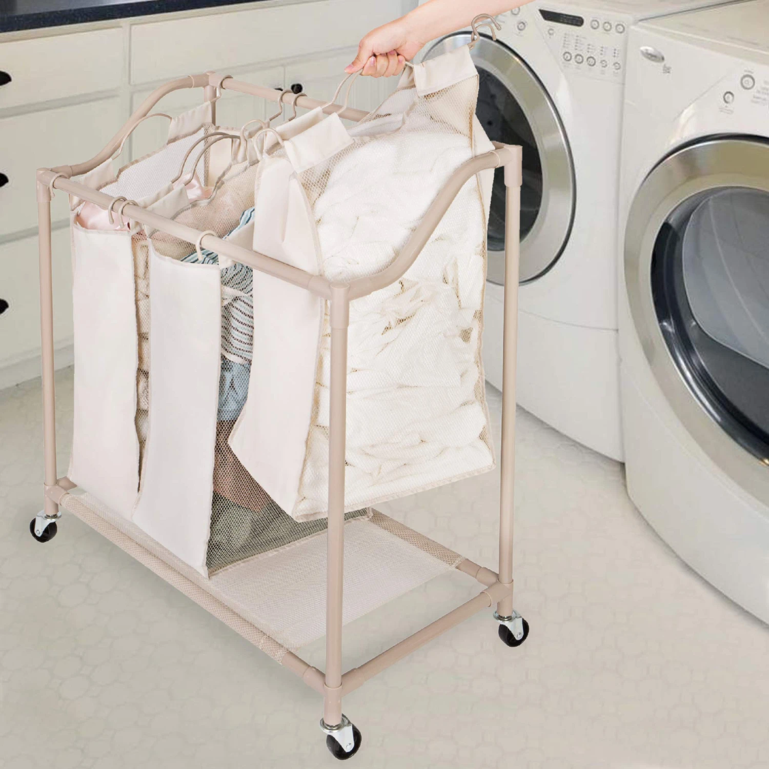 Deluxe Rolling Triple-Compartment Laundry Sorter Hamper With Wheels - 30 X 32 Inch - Beige(Rolling Triple Compartment Laundry Sorter) 2 Deluxe Rolling Triple-Compartment Laundry Sorter Hamper With Wheels - 30 X 32 Inch - Beige(Rolling Triple Compartment Laundry Sorter) - Image 2